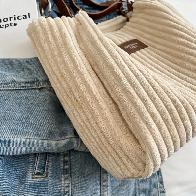 Women's Corduroy Casual Handbag, Casual Shoulder Bag for Daily Shopping, Fashion Handbag