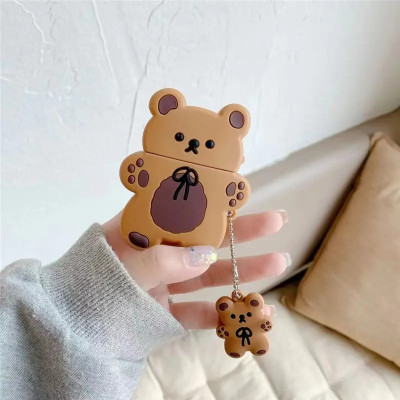 Cute 3D Cartoon Brown Bear Silicone Wireless Earphone Case with Keychain - Perfect for Airpods 1/2/3/Pro!