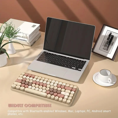 Wireless Keyboard, Cute Mini 84-key Compact Keyboard, 2.4GHz Wireless Connect, Typewriter ABS Retro Round Key Caps, Matte Panel, Ergonomic Design For PC Computer Laptops