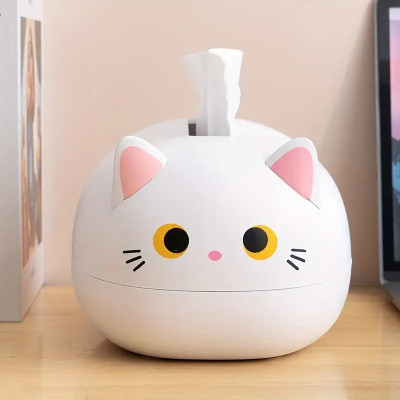 artoon Cat Tissue Box, Cute Cat Napkin Storage Box, Cat Paper Container Holder, Facial Tissue Box Cover Holder Case For Car Home Bathroom Kitchen Office, White