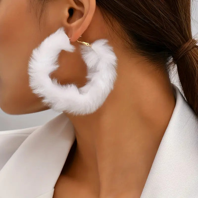 White Furry Exaggerated Hoop Earrings Cute Vacation Style Winter Ear Ornaments  Cute Gift For Women