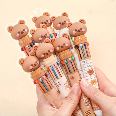 Bear 10-color Ballpoint Pen Cartoon Press Type Multi-color Color Pen, Students' Writing Tool, Ten-color Press Ballpoint Pen