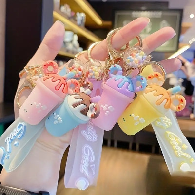 Creative Cute Candy Color Ice Cream Cup Keychain Cartoon Keyring Car Pendant Fashionable Car Ornaments Bag Purse Charm Accessories Gifts