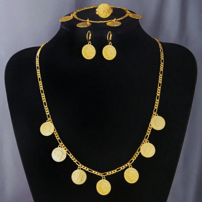 Fashion Round Coin Jewelry Set 5pcs: Necklace, Earrings, Ring, Bracelet, Gold Coin