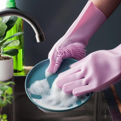 Pink silicone household cleaning gloves