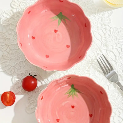 Creative Home Ceramic Bowl and Plate Noodle Soup Bowl Set, Lovely Strawberry Heart Shape Dinnerware for Home Use