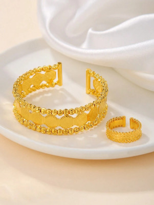 2pcs Fashion 18K Gold Plated Lucky Coins Beads Open Bracelet & Ring Set