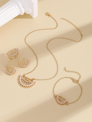 Luxury Gold Tone Zinc Alloy Faux Pearl Hollow Out Earrings, Ring, Bracelet and Necklace Set