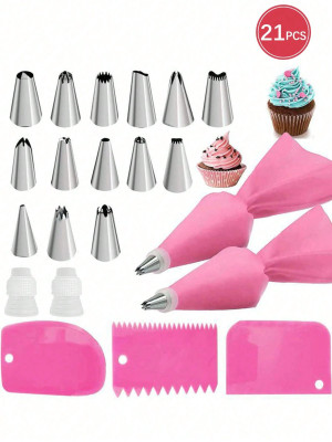 Cake Decorating Tips - 21 Piece Cake Decorating Tools Set, Includes 14 Piece Icing Tips with 2 Piping Bags, 2 Adapters and 3 Piece Silicone Icing Scrapers