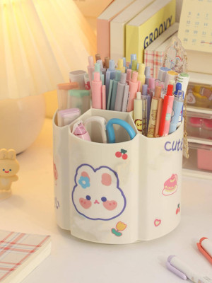 Large Kawaii Rotating Pencil Holder with 3D Stickers for School Girls, Cute Kawaii Pencil Holder for Office Students, Korean Pen Cup Storage Organizer (White), 360 Degree Rotating