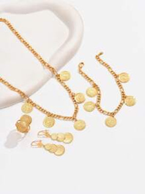 18k gold plated 5 piece set includes simple vintage necklace, ring, earrings, bracelet and coin set