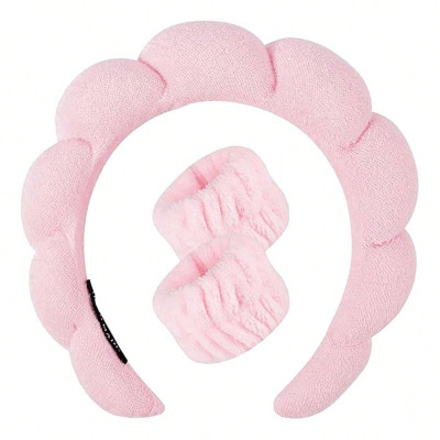 Spa Headband for Washing Face Wristband Set Sponge Makeup Skincare Headband Terry Cloth Bubble Soft Get Ready Hairband for Women Girl Puffy Padded Headwear Non Slip Thick Hair Accessory(Pink)