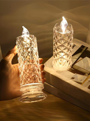 LED Candle Lamp with Rose Halo Refraction, Battery Operated Diamond Pillar Flameless Candle Rosette Pattern Refracted LED Electronic Candle Light Birthday Wedding Candles Venue Layout Props