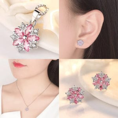 Sterling Silver Crystal Vintage Flower Pendant Necklace Earrings Set for women